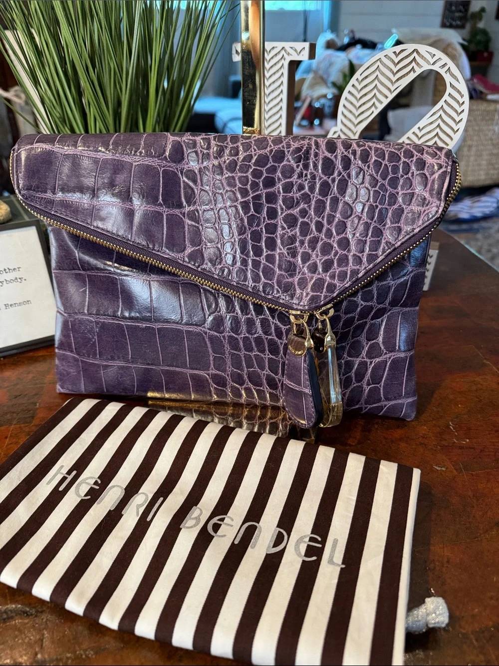 henri bendel Plum Croc-Embossed Leather Chain Shoulder Clutch